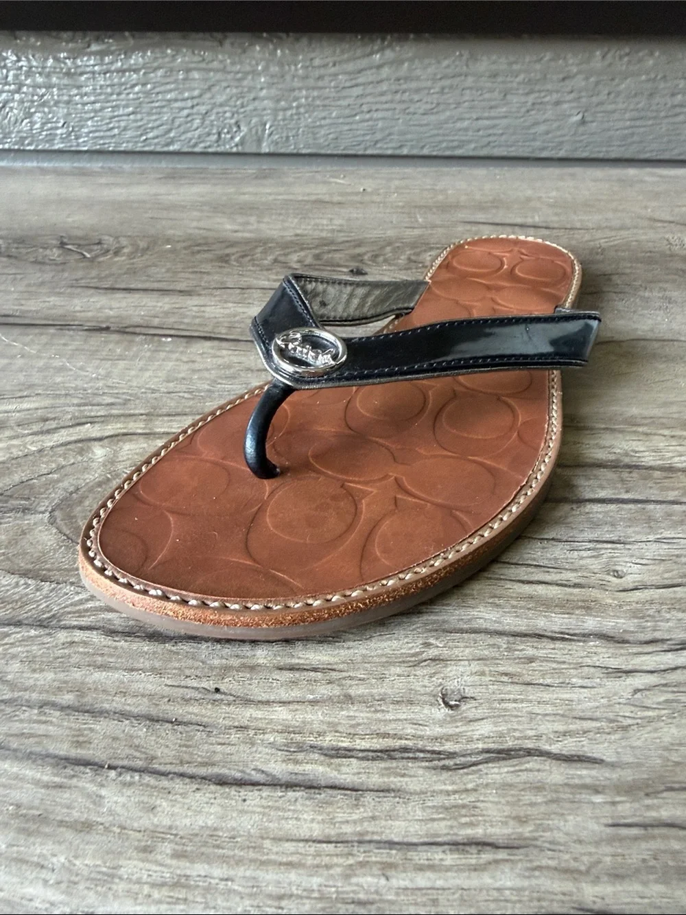 Coach Black Leather Thong Sandals with Brown Embossed Footbed size 8 B
